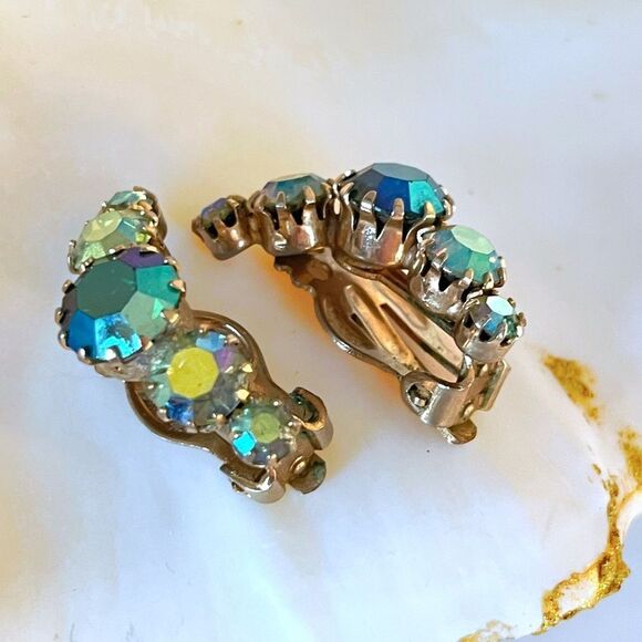 Vintage 1950’s Aurora Borealis Crescent Clip Earrings - Picture 2 of 5
